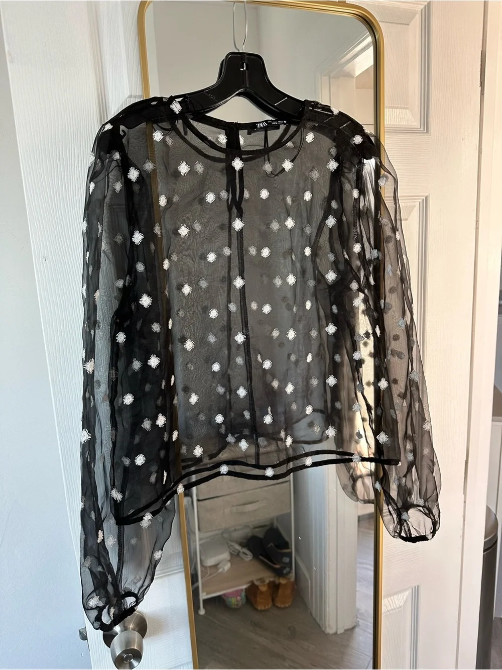 Zara Black Sheer Polka Dot Blouse with White Dots